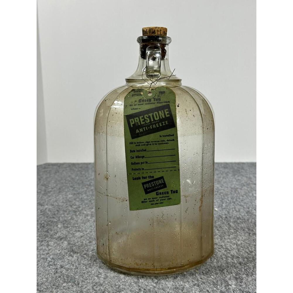 VTG Antique Original Prestone Anti-Freeze‎ Clear Glass Gallon Jug Cork Stopper